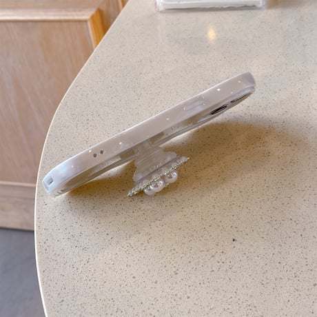 真珠/ジュエリーグリップ  iphone15/15Proケース うねうね キラキラ iphone14/13Pro/12カバー ホワイト トレンド感 ギフトにおすすめ[M3747]