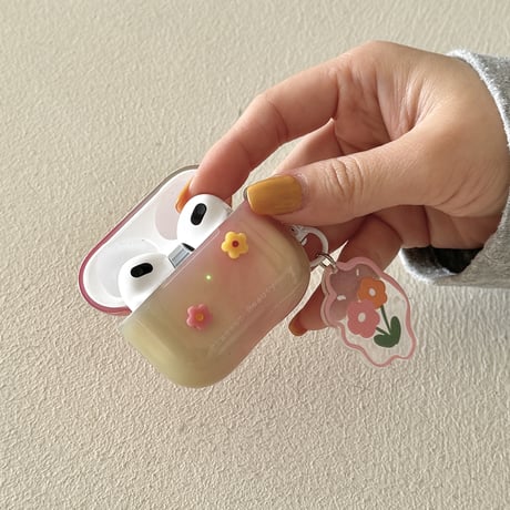 韓国風花 Airpods4ケース グラデーションカラー AirpodsPro2ケース airpods3/2カバー  かわいい キーチェーン付 淡色系 [M5335]