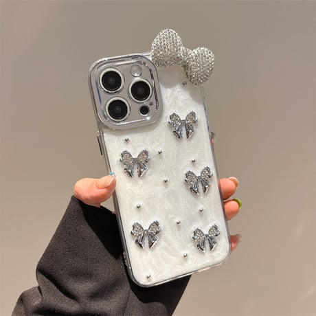 ジュエリーリボン iPhone16/16Proケース  ストラップ付 iPhone15Pro/14/13proカバー 華やか キラキラ 高品質 [M5025]