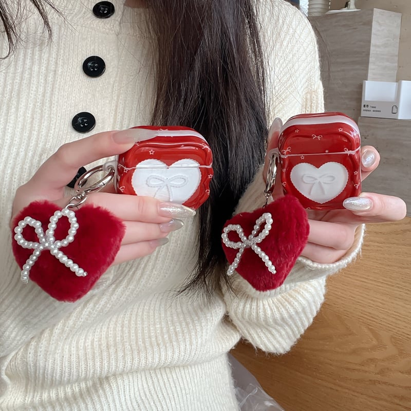 ハート形とリボン柄 AirPods Pro 3ケース ワインレッド 毛玉