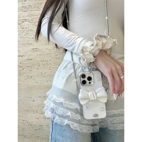 リボンショルダーチェーン iPhone16pro/16ケース ハートダイヤ iPhone15/14pro/13promaxカバー 女子力高い 多機能便利 [M5189]