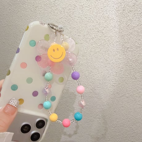 笑顔の花 スマホストラップ キラキラ感 お洒落 バックチャーム キーホルダー iPhone、Xperia、AQUOS、Xiaomi、Galaxy 対応 [M6497]