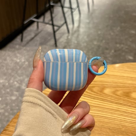 ストライプ柄 AirpodsPro3ケース オシャレ Airpods4カバー  AirpodsPro2/Pro1カバー リング付き シック ギフトにおすすめ[M6151]