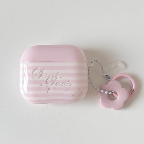 ピンク Airpods Pro3ケース 縞模様 Airpods4/3カバー pro2/pro1 リング/花キーホルダー かわいい[M6539]