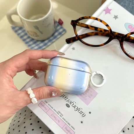 グラデーションカラー Airpods 4ケース ブルー/イェロー Airpods3/Pro2ケース airpodspro2カバー  リング付 シック 淡色系[M5245]