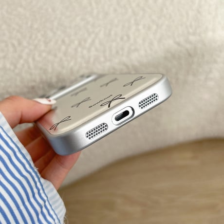 リボン柄 iPhone17pro/17ケース カメラカバー付 シルバー iPhone16/15promax/14ケース ストラップ シック[M6018]