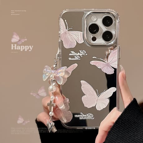 蝶柄鏡 iPhone15/15proケース チョウアクセサリー付 iPhone14/13pro/12ケース かわいい 便利 頑丈[M4154]