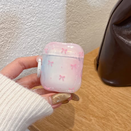 リボン柄 Airpods 4ケース グラデーションカラー ガーリーファッション Airpods3/2カバー Airpodspro2/pro リング/リボンキーチェーン うねうね[M4937]