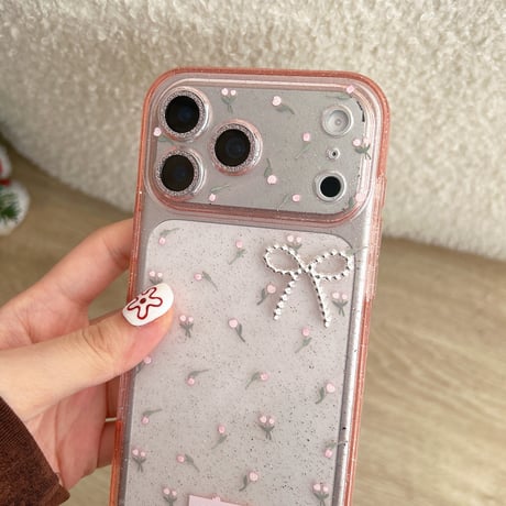 キラキラピンク iPhone17/17proケース 花柄 リボンデコ iPhone17promax/16/15Proカバー 綺麗ストラップ 女子ファッション[M5959]