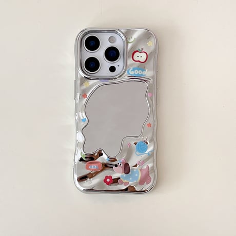 犬ちゃんミラー iPhone16pro/16ケース シルバー iPhone15pro/14/13promaxカバー 大人可愛い メイク直し鏡[M5522]