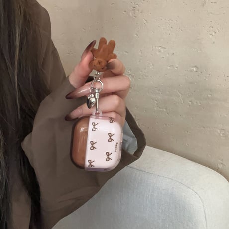韓国風 AirpodsPro3ケース リボン柄  エアポッズ4/3  AirpodsPro2/Proカバー リング/熊キーホルダー ギフトにおすすめ [M5810]