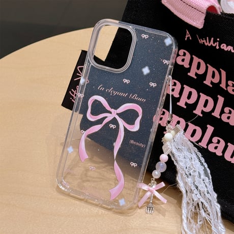 ラメ リボン柄 iPhone15/15proケース レーストラップ付 iPhone14/13pro/12ケース かわいい きれい キラキラ 人気[M4017]
