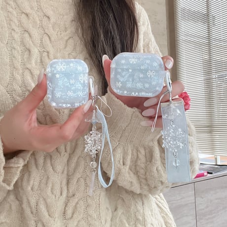 シェル風 雪花 AirPods Pro3 ケース 水色 Airpods4/3ケース  AirpodsPro2/Pro1カバー  レースストラップ 指紋防止[M6007]