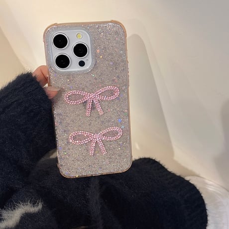 キラキラリボン iPhone16/16proケース グリッター iPhone15Pro/14/13proカバー 可愛い 女子力アップ [M5011]