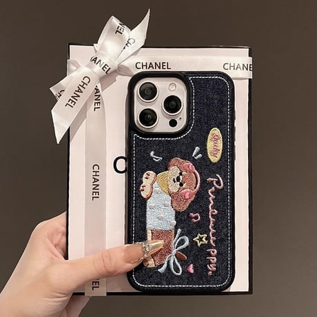 刺繡犬ちゃん iPhone16pro/16ケース デニム素材 iPhone15Pro/14/13proケース 秋冬ファッション 耐久性[M4732]