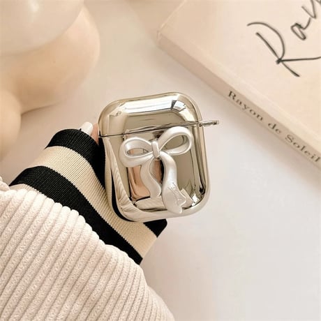 リボン Airpods 4ケース 艶感メッキ Airpodspro2/proカバー  Airpods第3/2世代 キーホルダー付  可愛い[M5048]