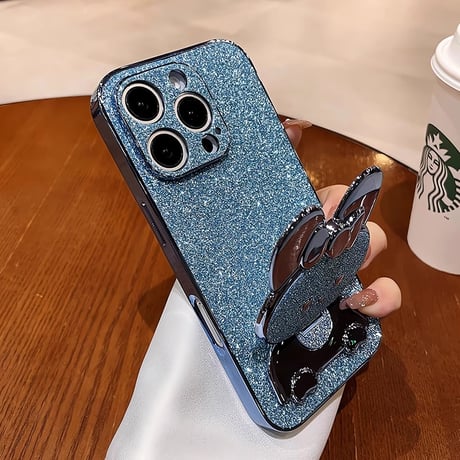 ウサギ鏡兼スタンド iPhone16/16Proケース  キラキラ iPhone15pro/14/13Proカバー 可愛い 多機能 耐衝撃[M4929]