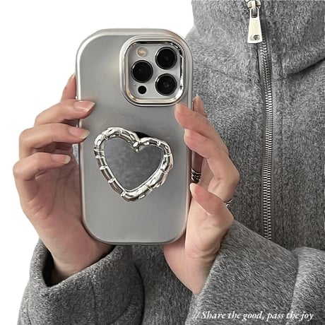 ハート鏡グリップ iphone15/15proケース  シルバー iphone13/14pro/12/11カバー  可愛い シック 便利 多機能[M3950]