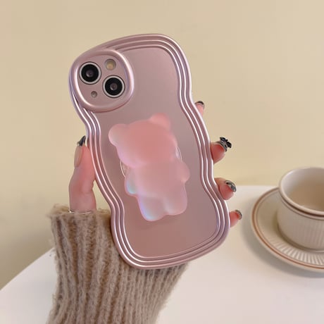 熊さんグリップ iphone14/14proケース  ローズゴールド色 iphone13/12/11カバー 波紋枠 落下防止 滑りにくい[M2566]