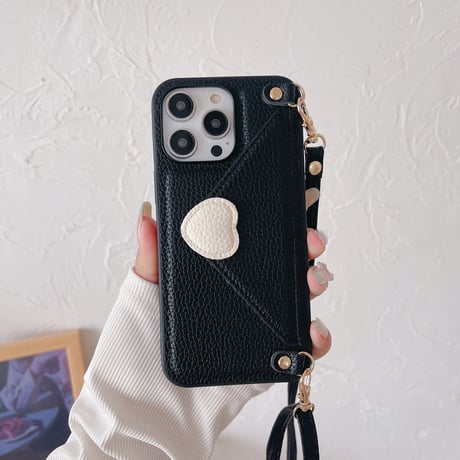 交通カード入れ iPhone15/14ケース ハート型留め レザー製 iPhone13pro/12/11proケース 肩掛けストラップ付 シック エレガント[M3346]