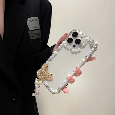 パールデコiPhone16pro/16ケース ハートミラー/蝶 iPhone15/14pro/13proクリアケース 女子力高い 可愛い [M5113]