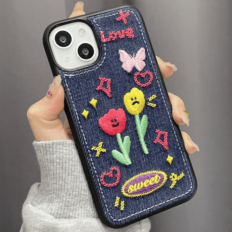 デニム 草花柄 アイフォン14plus/14proケース  刺繡  iphone13/12/11カバー  高品質  高級感 ガールズに人気 [M2248]