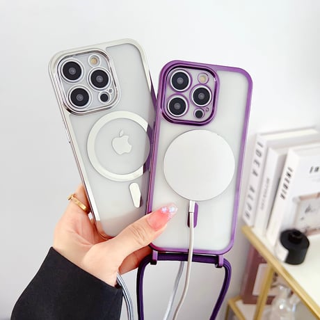 ショルダー付 iPhone15/15Plus/15Proケース  MagSafe対応 iPhone14/13Proクリアカバー メッキソフトケース[M3640]