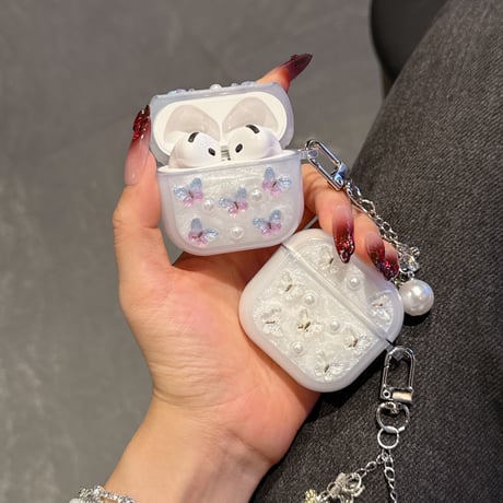 かわいい蝶々 Airpods 4ケース パールキーホルダー付 かわいい Airpods3/Pro2ケース airpodsproカバー 頑丈 ガーリーファッション[M5272]