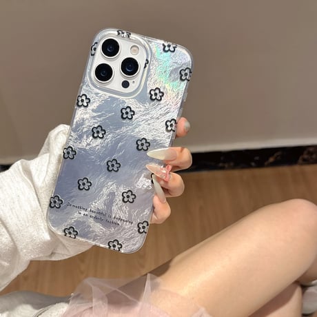 韓国風 iPhone16pro/16ケース 艶感花柄 iphone15pro/14/13proカバー ハートバックチャーム 大人可愛い[M5388]