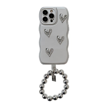 シルバー iphone14/13proケース ハートデコ 持ち手リング付 かわいい 女子力アップ[M3454]