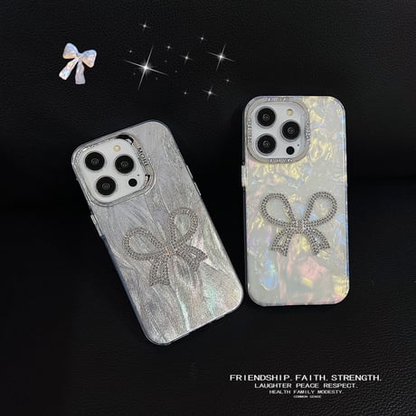 ジュエリーリボン iPhone15/15plusケース シェル風 キラキラiphone14/13/12proカバー 女子力アップ 可愛い[M3967]