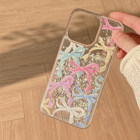 動くダイヤ iPhone15/15proケース リボン柄 iPhone14/13pro/12クリアケース かわいい女子力アップ[M4506]