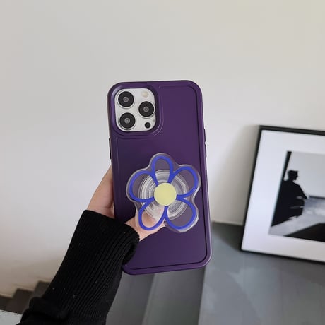 ディープパープル iphone14/14proケース 花グリップ付 アイフォン13pro/12promaxカバー  可愛い 頑丈 実用[M2329]
