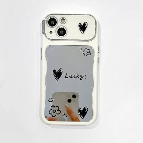 韓国風 鏡付iPhone15/15プロカバー Lucky/Happy iPhone14pro/13/12ケース お揃い 便利 [M4364]