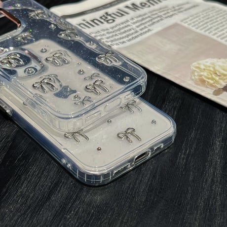 女子力高い iPhone16/15pro/15カバー 立体リボン iPhone14プロ/13pro/12ケース 黄ばまない きれい[M4348]