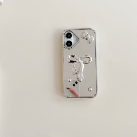 リボン ミラーiPhone16/16proカバー ストラップ付 iPhone15pro/14/13promaxケース かわいい メイク直し 女子力UP [M5088]