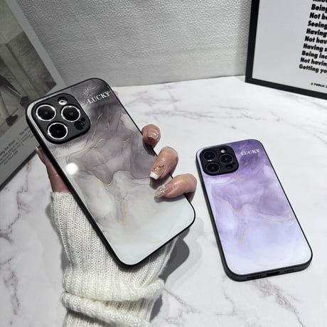 暈し染め ガラスiPhone14/15ケース  水墨画 金箔入り アイフォン13/12mini/11カバー キラキラ 全面保護 オシャレ シック[M2722]