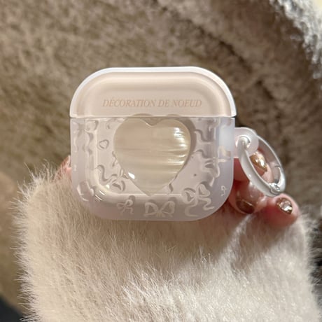 シェル風ハート Airpods Pro3ケース リボン柄 Airpods 4/3カバーケース AirpodsPro2/1  キラキラ感 オシャレホワイト [M6187]