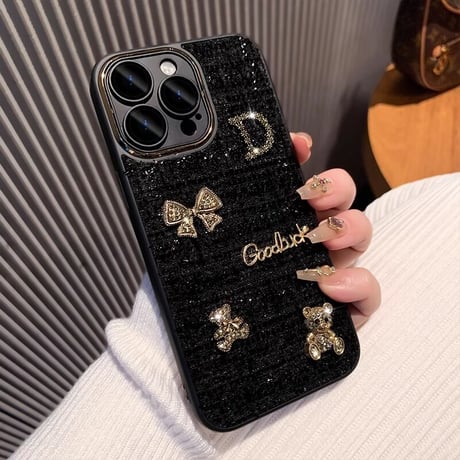 布地 iPhone16/15plusケース  放熱仕様 iPhone14/13proソフトケース カメラ保護 リボン熊ちゃんデコ 秋冬人気[M3618]