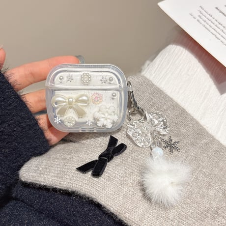 雪花/リボン Airpods 4ケース 毛玉チェーン付 Airpodspro2/proカバー Airpods第3/2世代 かわいい 頑丈[M5059]
