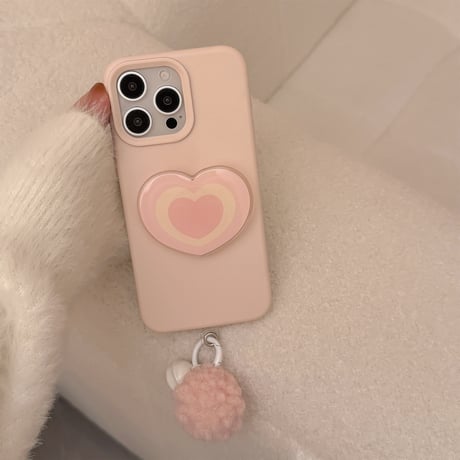 ピンク iPhone16/16Proケース ハートグリップ 毛玉チャーム付 iPhone15Pro/14pro/13/12ケース 大人かわいい[M4762]