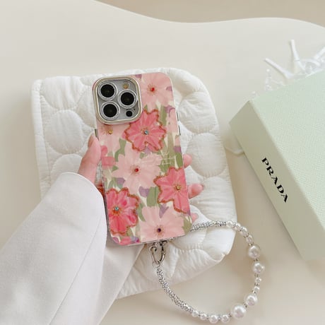 光る花柄 iPhone15/15proケース パールストラップ付 iPhone14pro/13promax/12ケース 可愛い 春夏コーデ[M4111]