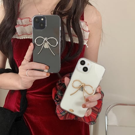 リボンiPhone15/15Proケース  高透明 iPhone14Pro/13proカバー シンプル 高級感 女子力アップ[M3926]