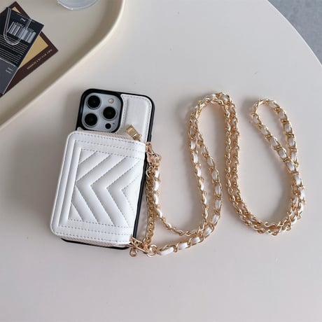 カード/小物入れ付 アイフォン15プロ/15ケース レザー ショルダーチェーン付 iPhone14pro/13/12promaxカバー 高級感 セレブ愛用[M4253]