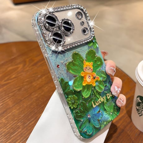 猫ちゃん iPhone17Pro/17ケース ジュエリーライン カメラカバー iPhone17ProMax/16Pro/15カバー 葉柄 オシャレ きれい  [M5944]