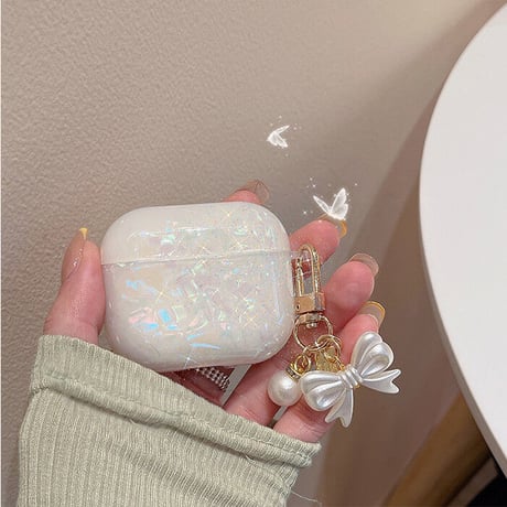 【Airpods4】キラキラ貝殻紋 airpods第3世代ケース  真珠リボン/花アクセサリー付  エアーポッズpro2/Pro1カバー  オシャレ 高級感カラー[M1993]