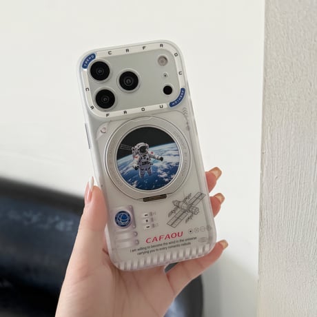 宇宙飛行士 iPhone17Promax/17Proケース 360度回転可リングスタンド iPhone17/16Pro/15ケース カメラカバー付 丈夫[M6442]