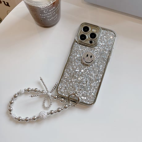銀色 iPhone15/15proケース キラキラグリッター iPhone14/13pro/12ケース にこちゃん ストラップ付[M4300]