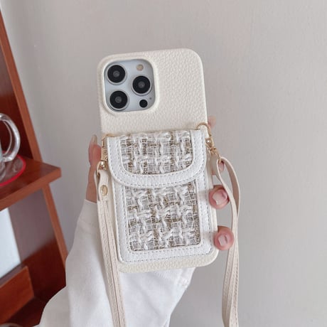 セレブ愛用 iPhone14/14proケース カード入れ付 ツイード生地 アイフォン13/12/11カバー 肩掛けストラップ 可愛い 実用 超人気 [M2617]