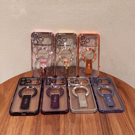 スタンド付 iPhone17Pro/16ProMaxケース メッキ MagSafe対応 iPhone15Pro/14/13ケース 耐衝撃加工 黄ばまない [M6360]